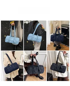 Detail view of denim cylinder tote bags in various colors on street and indoor settings