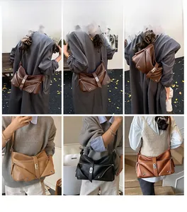 Multiple views of textured PU leather crossbody bag featuring a unique buckle closure