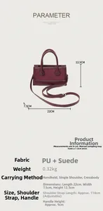 Detail view of burgundy PU and suede mini handbag showing texture and strap specifications