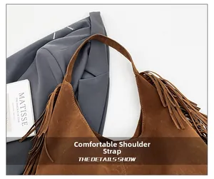 Detail of comfortable shoulder strap and suede texture on vintage brown tote bag