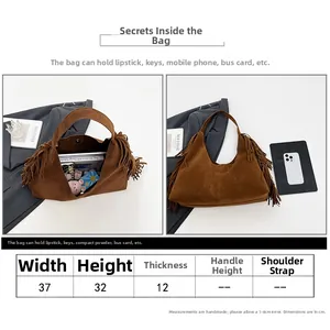 Detailed size chart and large interior capacity of brown faux suede tassel tote bag
