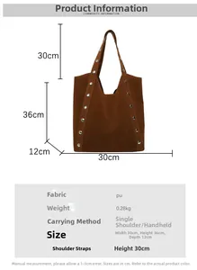 Brown PU leather tote bag size chart with dimensions 30x36x12cm and rivet details