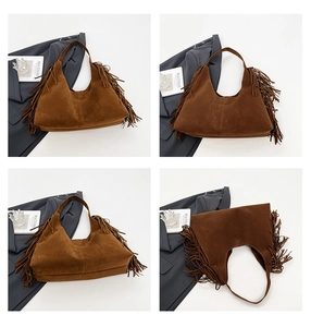 Detailed views of a dark brown suede hobo bag with fringe accents and retro style