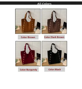 Detail view of large tote bags in brown, coffee, burgundy and black with silver studs
