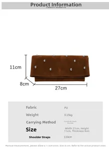 Brown PU pillow bag with silver studs and dimensions shown on a white background