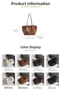 Detailed size specifications of the suede tote bag showing dimensions and color options