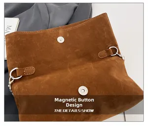 Detail showing the magnetic button closure and silver metal chain link on a brown suede bag