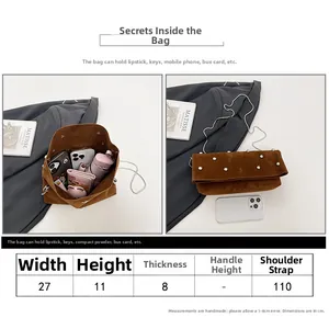 Size guide for a large capacity brown suede shoulder bag with silver stud and metal chain