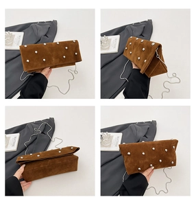 Multi-angle views of a brown suede crossbody bag with silver studs and chain strap
