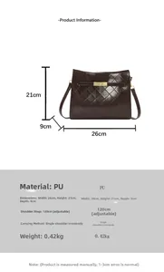 Detailed size chart showing dark brown quilted handbag dimensions and adjustable strap