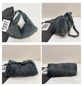 Detail view of retro washed denim hobo bag with adjustable strap and zip closure
