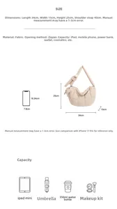 Guide des tailles du sac matelassé avec dimensions 34x15x25cm et détails de capacité