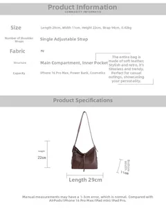 Tableau des tailles pour sac bandoulière en cuir PU marron, dimensions 29x11x22cm