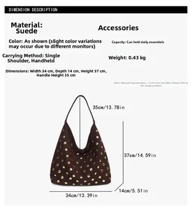 Detailed technical view of large suede tote bag with size and weight specifications
