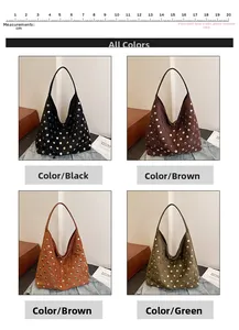 Detail view of large rivet hobo bags in four colors with suede-like texture