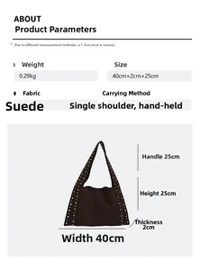 Detailed view of brown suede shoulder bag with rivets showing dimensions 40x25x2cm