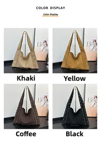 Collage of four vintage suede tote bags with rivet studs in khaki, yellow, coffee, and black