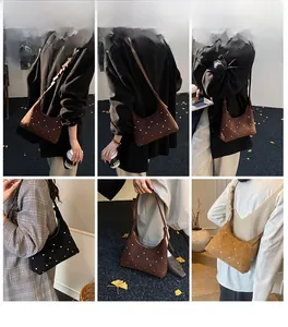 Collage of model wearing stylish diamond-patterned rivet shoulder bags in various outfits