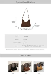 Size specifications and multi-angle product details of the suede crescent shoulder bag