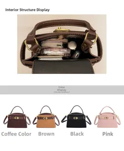 Detail view of the interior space and color options for the suede Kelly style bag