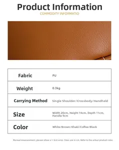 Detail of brown lychee grain PU leather texture and bag size specification table