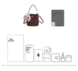 Brown suede bucket bag detail showing internal capacity for iPhone and daily essentials