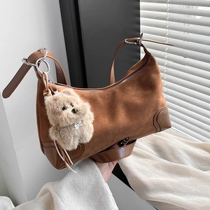 Women Korean Suede Splicing Dumpling Hobo Bag Minimalist Vintage Shoulder Crossbody Bag With Plush Bear Pendant Winter Fashion Handbag