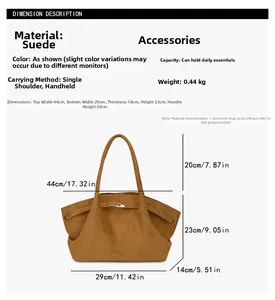 Detailed size chart for the large suede tote bag showing dimensions and weight capacity