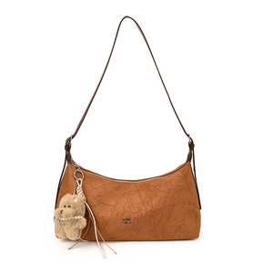 Vintage brown pleated shoulder bag with cute plush bear pendant and metal logo detail