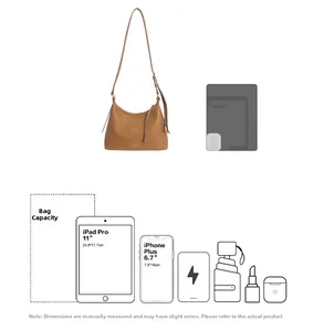 Brown leather hobo bag capacity guide showing space for 11 inch iPad and daily items