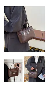 Detailed view of deep brown vintage mini box bag with dual zippers and silver hardware