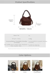 Detail specifications of mini PU leather bucket bag showing dimensions and colors