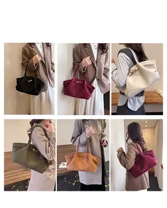 Detail shots of large suede tote bags featuring metal turn-lock closures in five colors