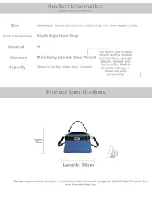 Detailed size guide with 18x7x12cm dimensions for the blue denim texture PU handbag
