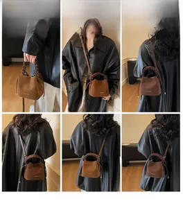Brown leather bucket bag with woven handle and drawstring shown in multiple model views