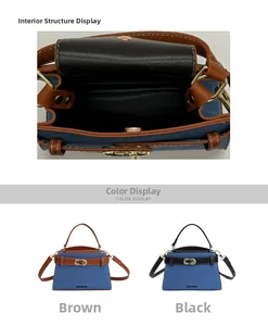 Detail of denim crossbody bag showing interior compartment and metal twist lock closure