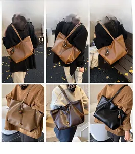 Multiple views of women's large PU leather tote bag in brown, coffee, and black tones