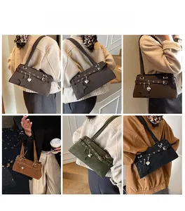 Collage of chic shoulder bags in earth tones with decorative star and heart charms
