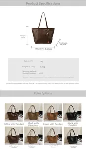 Detailed size chart and color options for large capacity PU leather tote bag