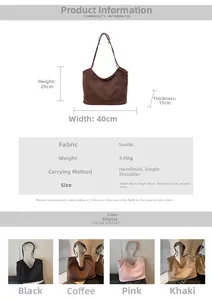 Size chart and color display for large vintage suede tote bag with measurements