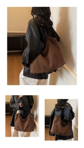 Detailed close-up of dark brown suede tote bag showing large capacity and soft texture