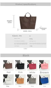 Detailed size chart and specifications for vintage large capacity PU leather tote bag