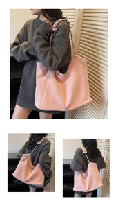 Three-angle views of a pink suede tote bag worn by a model in a grey sweater