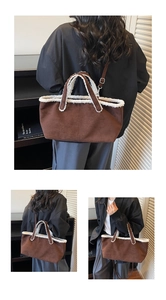 Detail of retro dark brown suede tote bag with plush white faux fur trim and strap