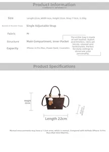 Size chart showing dimensions for 22cm PU leather handbag with adjustable strap details