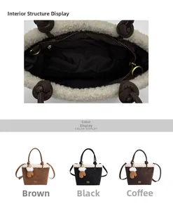 Detail of suede tote bag interior with zipper closure and three available color options