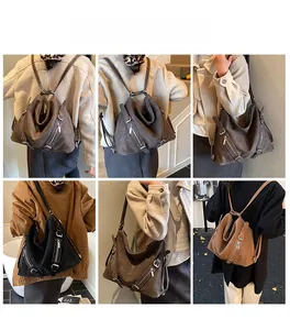 Detailed views of vintage faux leather backpack in dark brown, black, and camel colors