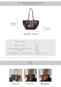 Size chart showing dimensions and colors of the vintage large capacity PU leather tote bag