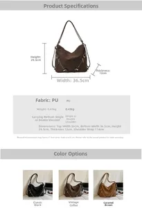 Detailed chart showing PU shoulder bag dimensions, weights, and three color options
