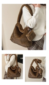 Detail of brown cloud tote bag with grid plush texture and mini matching coin purse